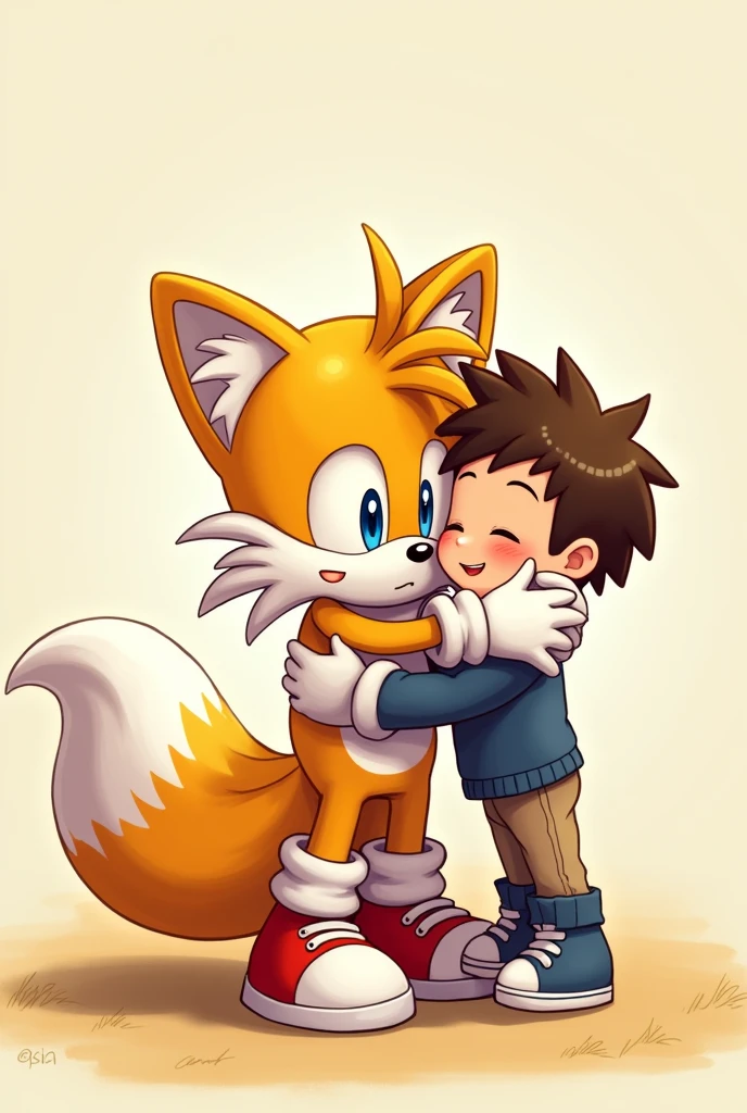 Tails hugging a younger boy with his shoes and gloves on