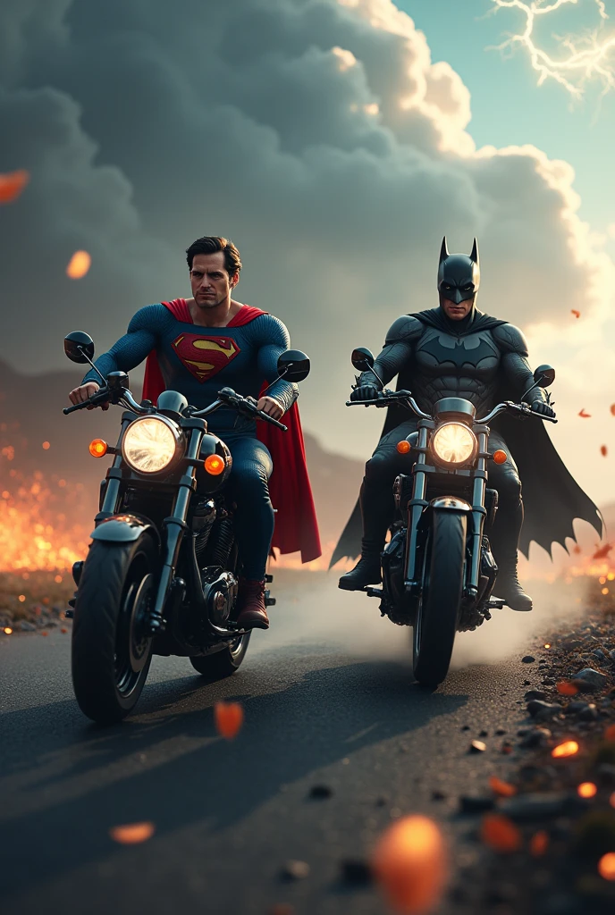 Superman and batman riding bikes with thunder on a road with fire