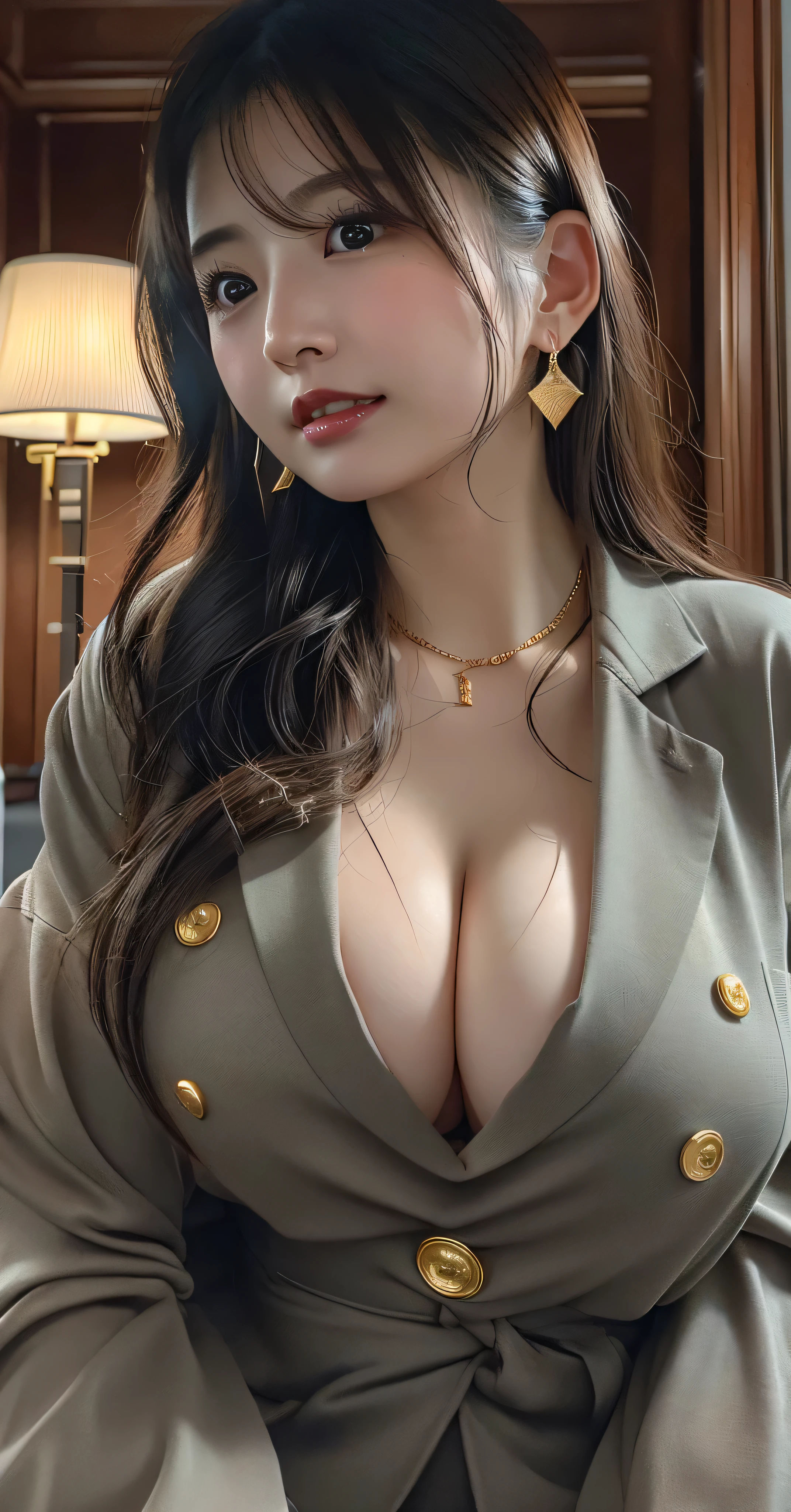 (8k,RAW Photos,Like the picture:1.45),masterpiece,Highest quality,wonderful,(セクシーなMature Woman:1),(Mature Woman:1.3), (4 woman.1.3)、(((very, very大きい)))、(((Extremely lewd and very huge boobs)))、(((Very deep cleavage)))、Hyper Real、In the lounge of a luxury hotel、A beautiful and dignified smile、Beautiful white skin、Beautiful, delicate and precise skin texture、Long, fluffy, beautiful brown hair、Beautiful Japanese Women、(Big Ass)、Thick thighs、Bright red lips、Gold earrings、Gold bracelet、Gold Necklace、{Charcoal gray suit(White blouse)},