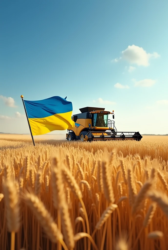 photo of a wheat field, There is a combine harvester on the field, also in the photo there is a flag of Ukraine and the coat of arms of Ukraine