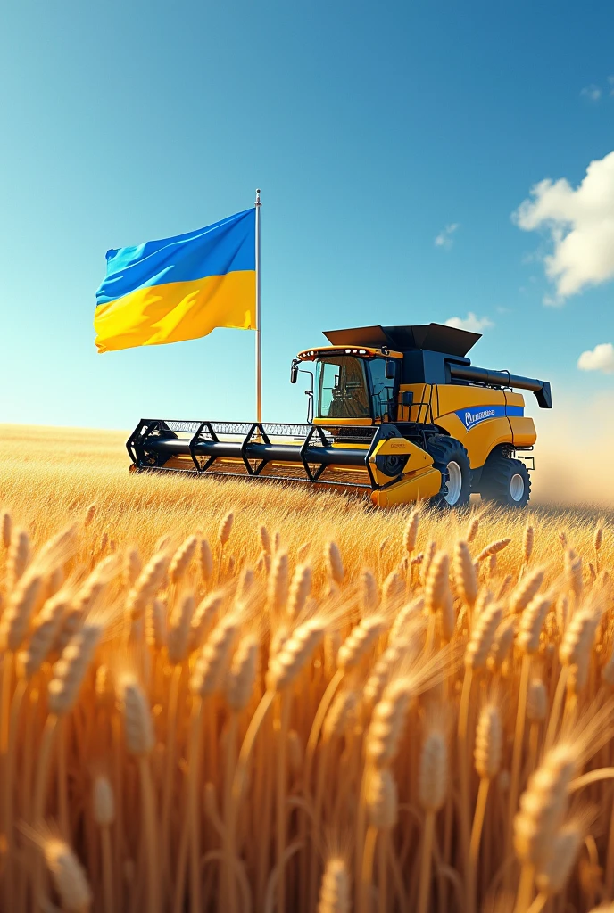 photo of a wheat field, There is a combine harvester on the field, also in the photo there is a flag of Ukraine and the coat of arms of Ukraine 