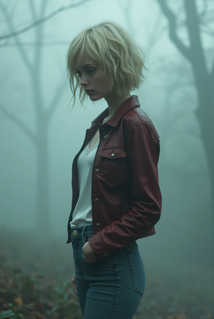 In a mysterious and enchanting realm, a murky fog envelopes the scene,Amidst this fog, a figure emerges , A girl with short wavy blonde hair , blonde and red streaks , she wears jeans and a white see through t-shirt , (she wears a dark red leather jacket ) , (slim figur , small breast)