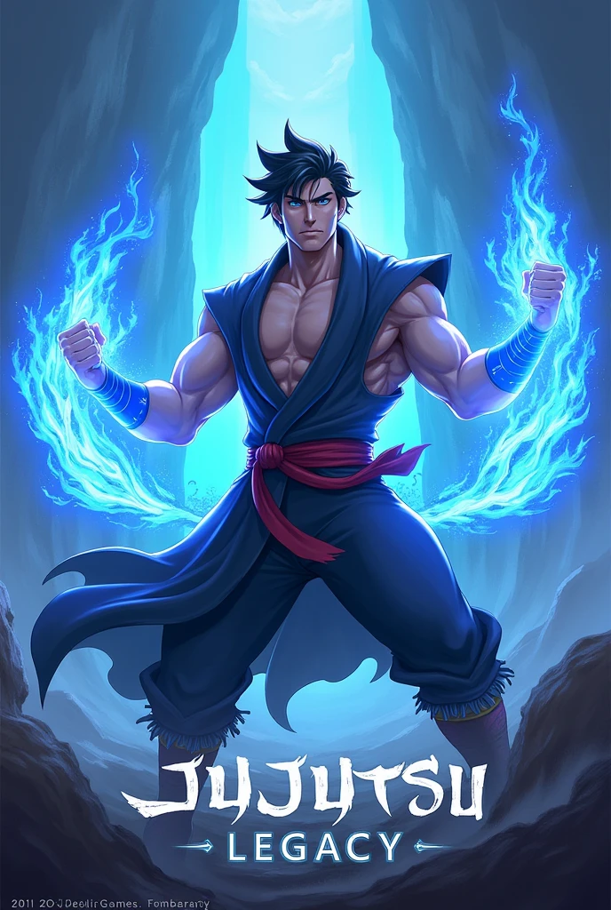 I'm going to create a game called Jujutsu Legacy. The Empire has how you can make a strong character with blue fire fists in his hands that is beautiful and eye-catching for people to enter my game. The name of the game has to be on the cover. Also, put the name of the game on the cover. The name of the game is Jujutsu Legacy. The Empire has how you can put a man in the image. Put him in the Roblox style. Make him more handsome, more powerful, stronger, with more eye-catching fists so he can be flying. Have a very beautiful background. Make the character more beautiful. You don't need to put him in Roblox, but don't make him with stronger power. Write the name of my game on the cover.