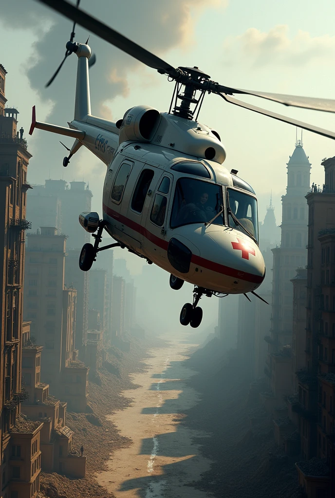 A helicopter flying above an area affected by earthquake