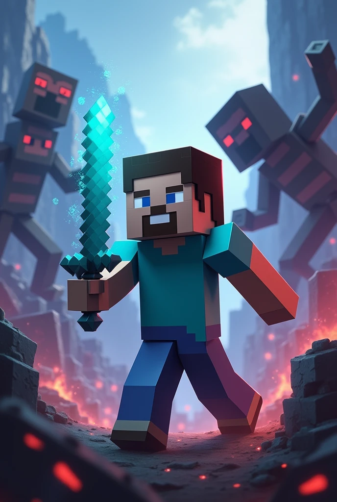 Make a picture in which a Minecraft boy from the Minecraft game with a blue sword and a stone necklace is fighting some Minecraft demons.