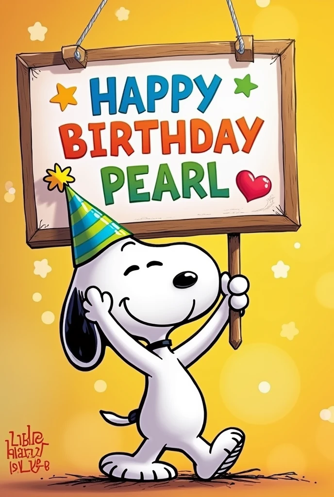 (A cheerful and colorful illustration of Snoopy holding a sign with the text "Happy birthday Pearl" )