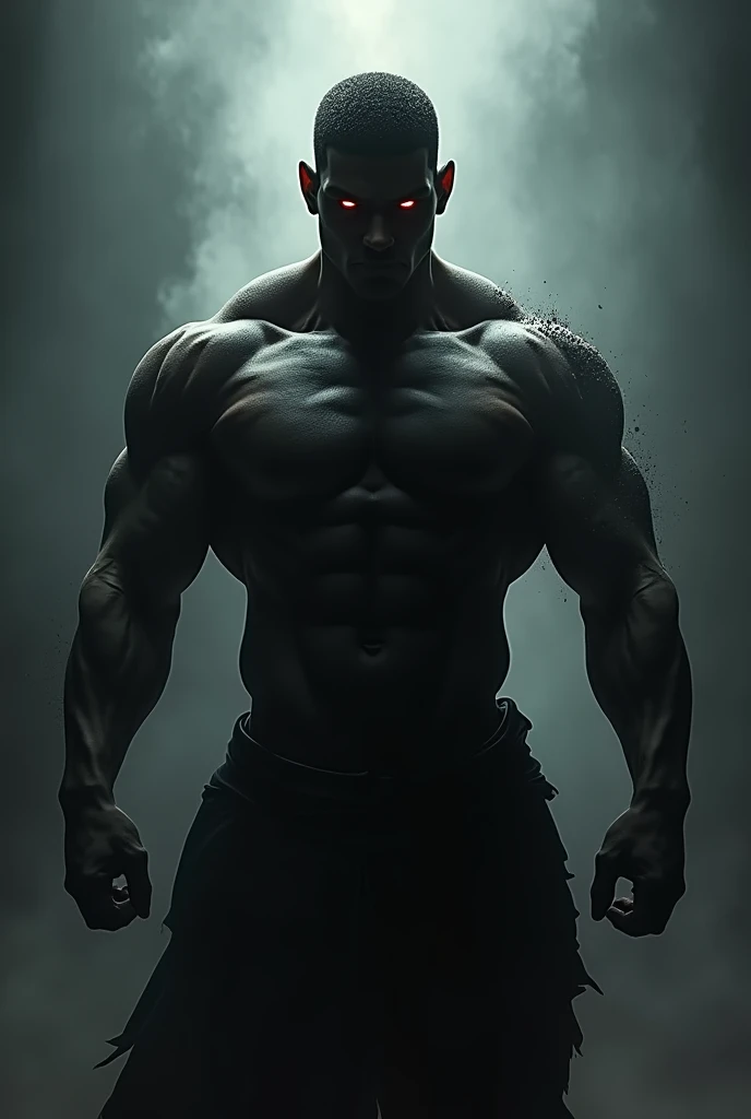 An image that simulates the awakening of a black-skinned, armorless warrior, short hair and sambo.