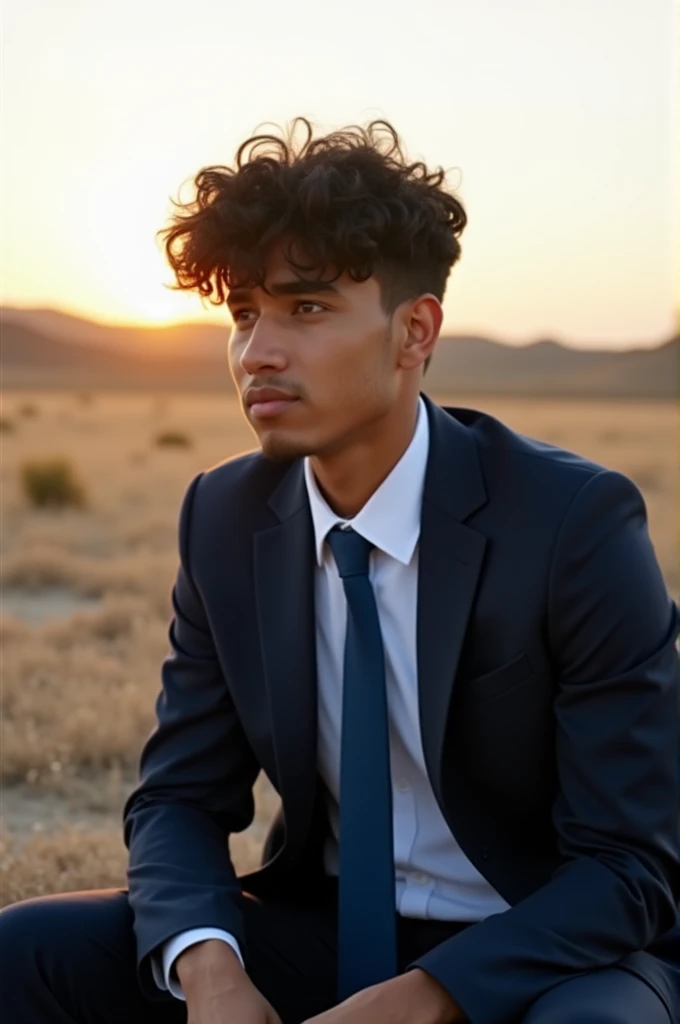 Black hair and depression and upset youth. He is wearing a navy blue blazer over a white shirt and blue tie. The man is sitting in a deserted field with the sun shining on his left side. And she is posing for Facebook profile