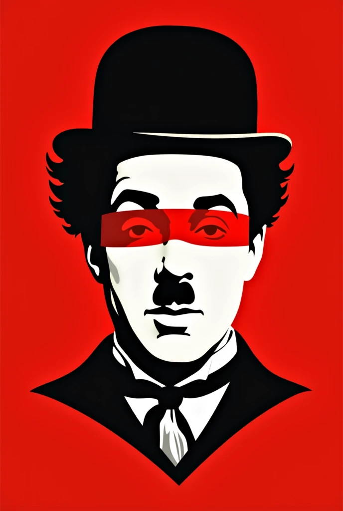 A stylized Art vectoriel portrait of Charlie Chaplin with a black and white face, partiellement obscurci par une bande rouge audacieuse sur ses yeux et sa bouche. L'arrière-plan est rouge uni. La figure semble solennelle, Art vectoriel, symmetrical