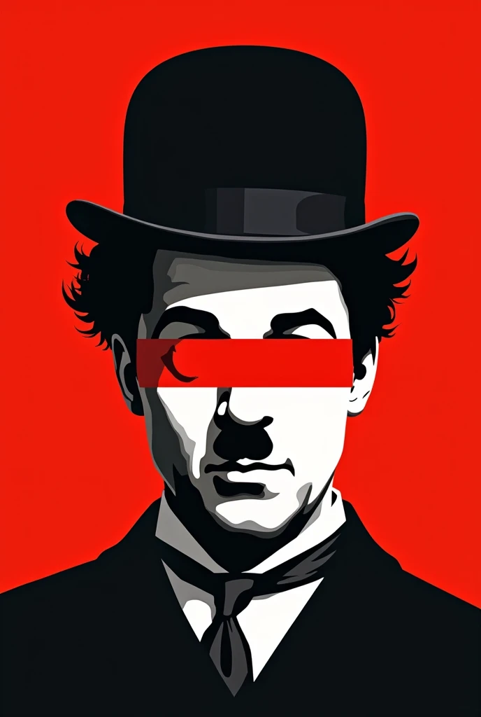 A stylized Art vectoriel portrait of Charlie Chaplin with a black and white face, partiellement obscurci par une bande rouge audacieuse sur ses yeux et sa bouche. L'arrière-plan est rouge uni. La figure semble solennelle, Art vectoriel, symmetrical