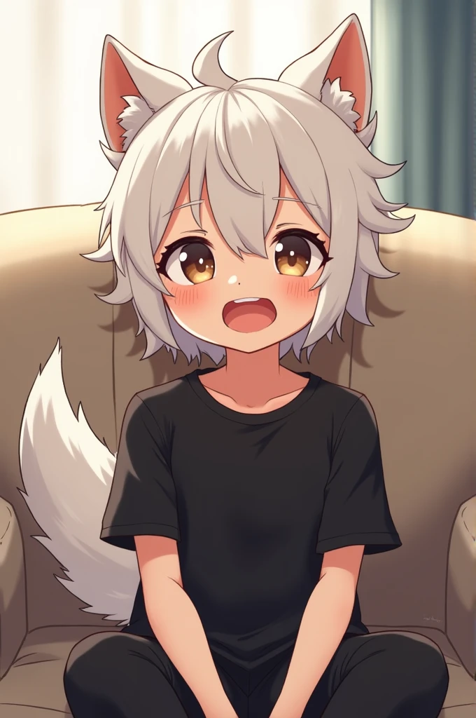 1boy, animal ear fluff, animal ears, bangs, black pants, black shirt, dog boy, dog ears, dog tail, open mouth, smile, collarbone, couch, curtains, hair between eyes, indoors, looking at viewer, male focus, pants, shirt, short hair, short sleeves, sitting, solo, t-shirt, tail, white hair, black eyes