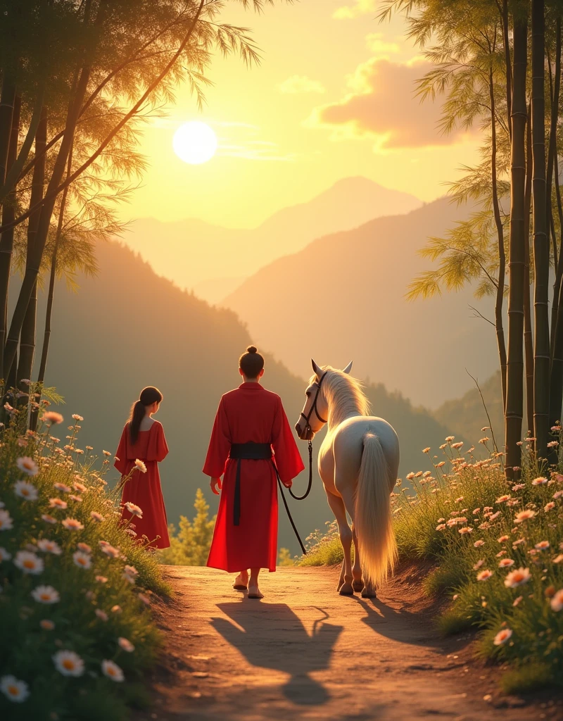 a personable gentleman，Aged between 20 and 2，Hidden in my heart is a deep love for the women in the world，But never said it。He has been silently by her side for many years，About the same age as a woman，Dressed in white，Wearing a bright red robe that is the same as the woman&#39;s，Holding a white horse in hand，Show elegance and calmness。Although his love occasionally shows through his actions，But the woman doesn’t know his feelings。in the screen，Man walking towards the camera，The woman is still looking into the distance。The man finally chose to leave，Because he understands that the woman&#39;s deep love is still waiting for that old friend。He knows that he has no destiny in this life，Only the next life will continue。

The background is set on a quiet mountain road，The afterglow of the setting sun dyes the entire scene with golden light and shadow。The light is real and warm，The mountains in the distance and the remaining clouds on the horizon look  and beautiful。The path is lined with low bamboo forests and scattered wild flowers.，blowing with the evening wind，The texture and real details of bamboo leaves and wildflowers are clearly visible。The entire screen presents unparalleled resolution，Details remain clear and realistic even when zoomed in，Make this image look great on the big screen or up close，All display stunning picture quality。

The background and atmosphere should reflect his quiet guardianship。