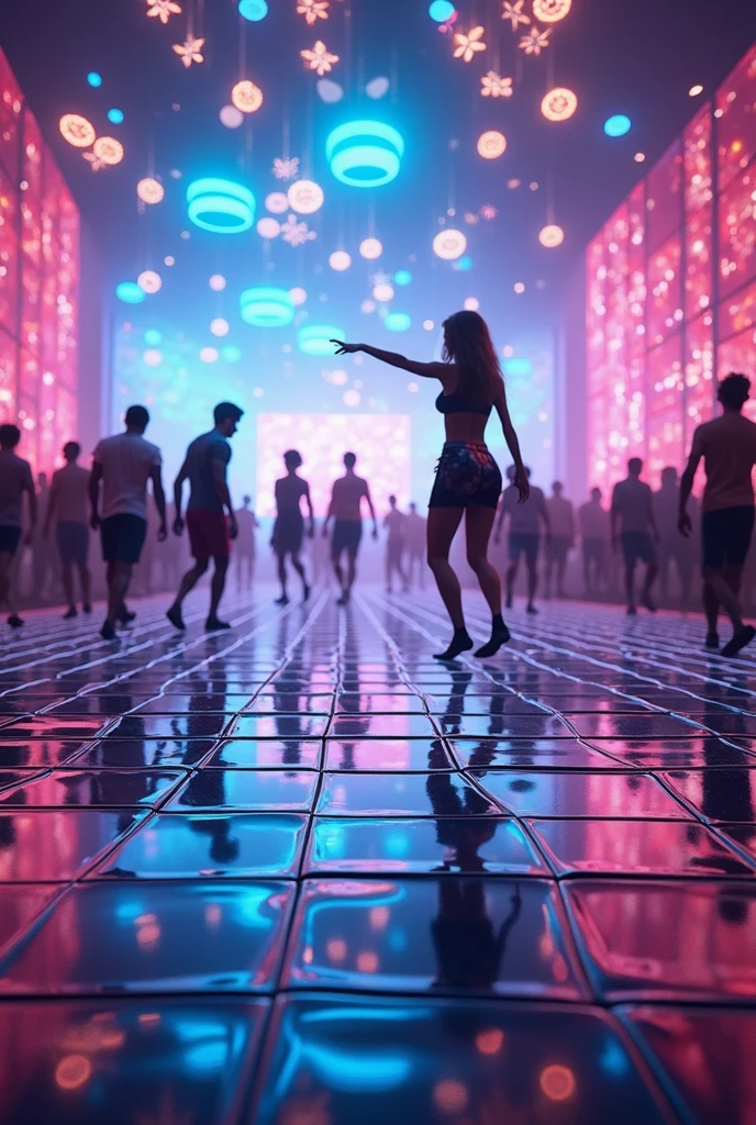 A pulsating dancefloor transformation, from the year 2050 to 3000, unfolds in captivating detail. Gleaming chrome tiles blend seamlessly with holographic swirls of neon colors, creating a mesmerizing sight of futuristic evolution. This image is a digital rendering, showcasing the fusion of technology and art in the dance scene of the future. Every pixel is meticulously crafted, from the fluid movements of virtual dancers to the shimmering reflections of artificial light. The overall effect is a stunning depiction of the evolution of dance culture, where innovation meets creativity in a dynamic visual narrative.