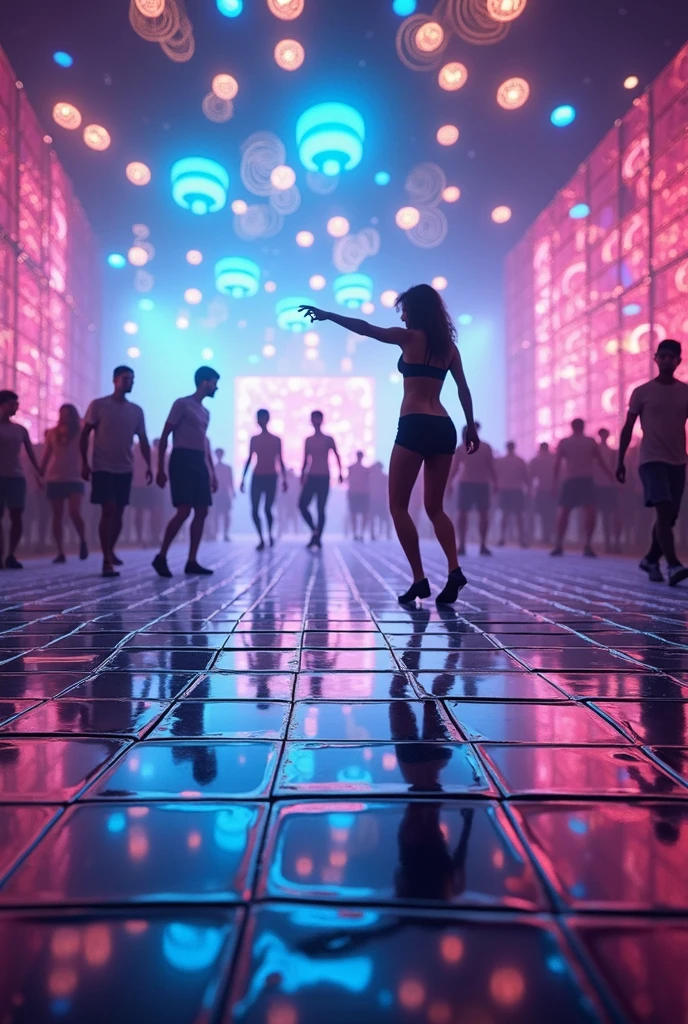 A pulsating dancefloor transformation, from the year 2050 to 3000, unfolds in captivating detail. Gleaming chrome tiles blend seamlessly with holographic swirls of neon colors, creating a mesmerizing sight of futuristic evolution. This image is a digital rendering, showcasing the fusion of technology and art in the dance scene of the future. Every pixel is meticulously crafted, from the fluid movements of virtual dancers to the shimmering reflections of artificial light. The overall effect is a stunning depiction of the evolution of dance culture, where innovation meets creativity in a dynamic visual narrative.