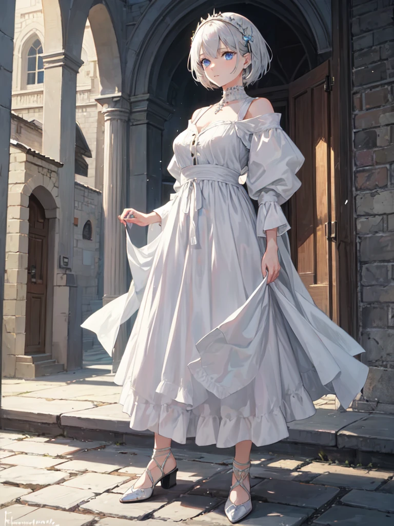 A girl with silvery-white hair and piercing blue eyes, her short hair framing her delicate features, stands on a cobbled road in a village. She's adorned in a flowing, white dress. The atmosphere evokes a medieval setting, detailed body, realistic light, detailed face, detailed 