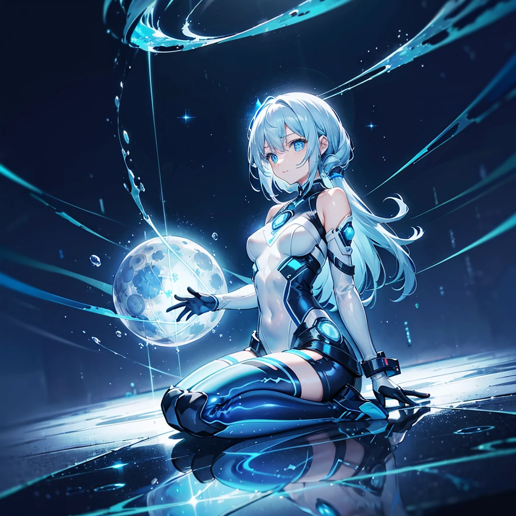((Holographic glow effect)),8k, Highest quality, (real:1.4), Original photo, 1 person, Asari Hair, Biological Amplifier, Very sleek and futuristic armor, posture: Peace talks between warring factions,,attention arousal, smart blue eyes,A modest smile,Knee-high boots,Patent-look blue tights,Blue big moon and blue light swirl in the background,Blue light from behind,blue light magic,A small, glowing blue ball in the palm of your hand,Blue flame swirl,Blue Comet,Polished floor,