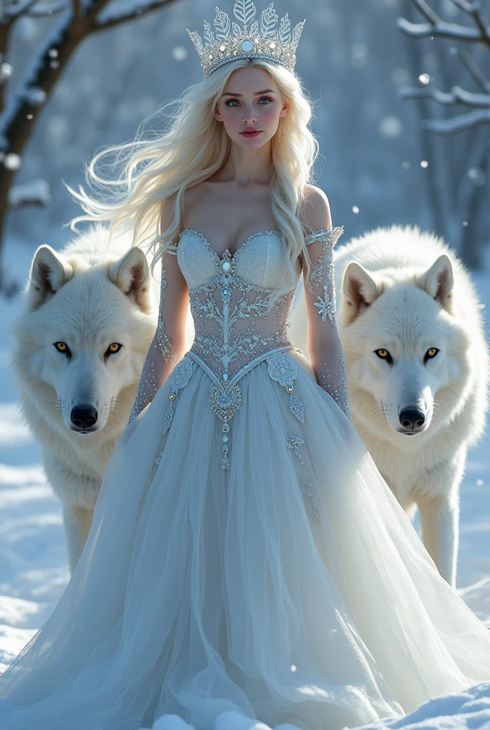 Photo of a beautiful woman in a snow princess concept wearing a crown and a beautiful dress being escorted by two brave and scary wolves.