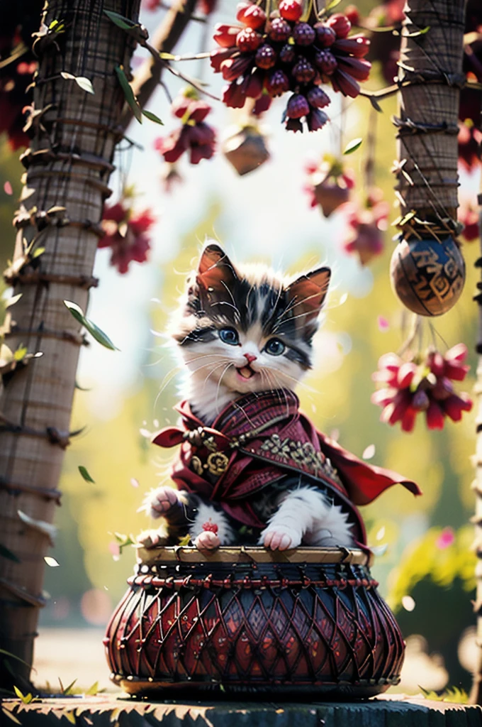 A beautiful white kitten wearing traditional Hanfu clothing, with a happy, open-mouthed expression and closed eyes, bathed in the warm glow of a sunset. The kitten's graceful posture and magnetic presence create an impressive atmosphere of captivating mysticism, with intricate Zentangle patterns and an amazing level of detail. The scene is set against a backdrop of futuristic architecture, resulting in a chaotic yet gracefully balanced masterpiece with a vibrant color palette.

The outfit was changed to a wine-colored dress.
