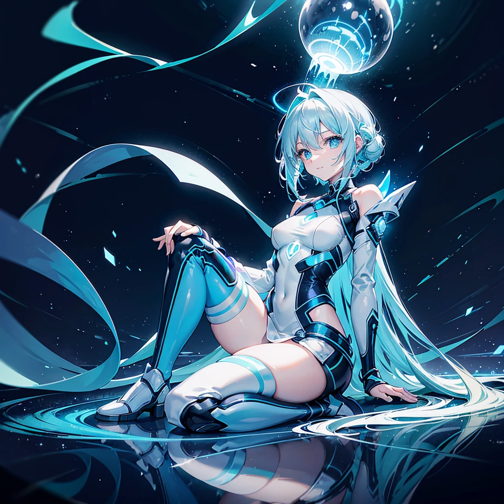 ((Holographic glow effect)),8k, Highest quality, (real:1.4), Original photo, 1 person, Asari Hair, Biological Amplifier, Very sleek and futuristic armor, posture: Peace talks between warring factions,,attention arousal, smart blue eyes,A modest smile,Knee-high boots,Patent-look blue tights,Blue big moon and blue light swirl in the background,Blue light from behind,blue light magic,A small, glowing blue ball in the palm of your hand,Blue flame swirl,Blue Comet,Polished floor,