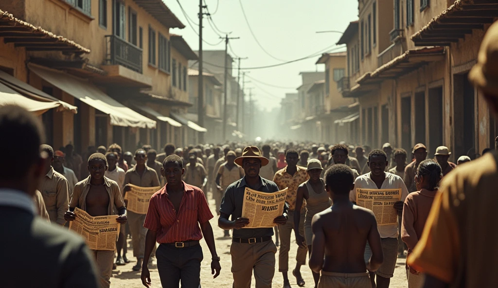 1912 Luanda; Scared people walking around the city(masterpiece, best quality); newspapers with war news!