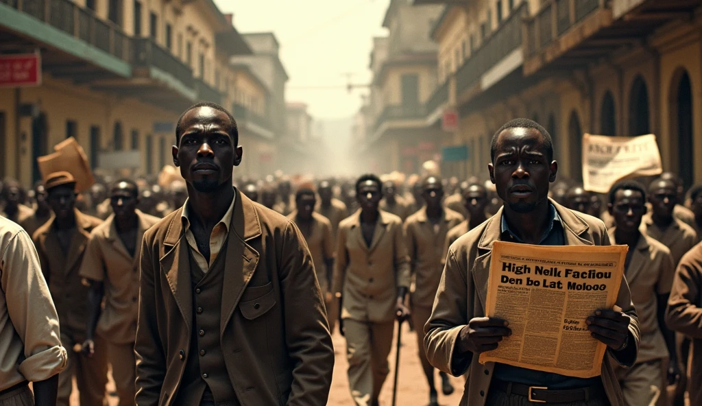 1912 Luanda; Scared people walking around the city(masterpiece, best quality); newspapers with war news!