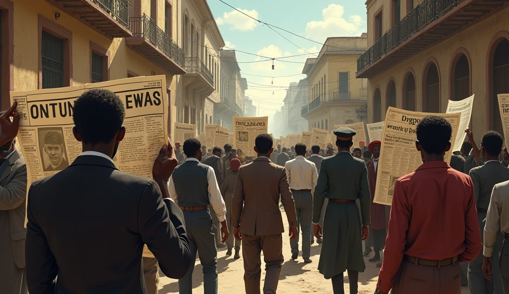 1912 Luanda; Scared people walking around the city(masterpiece, best quality); newspapers with war news!