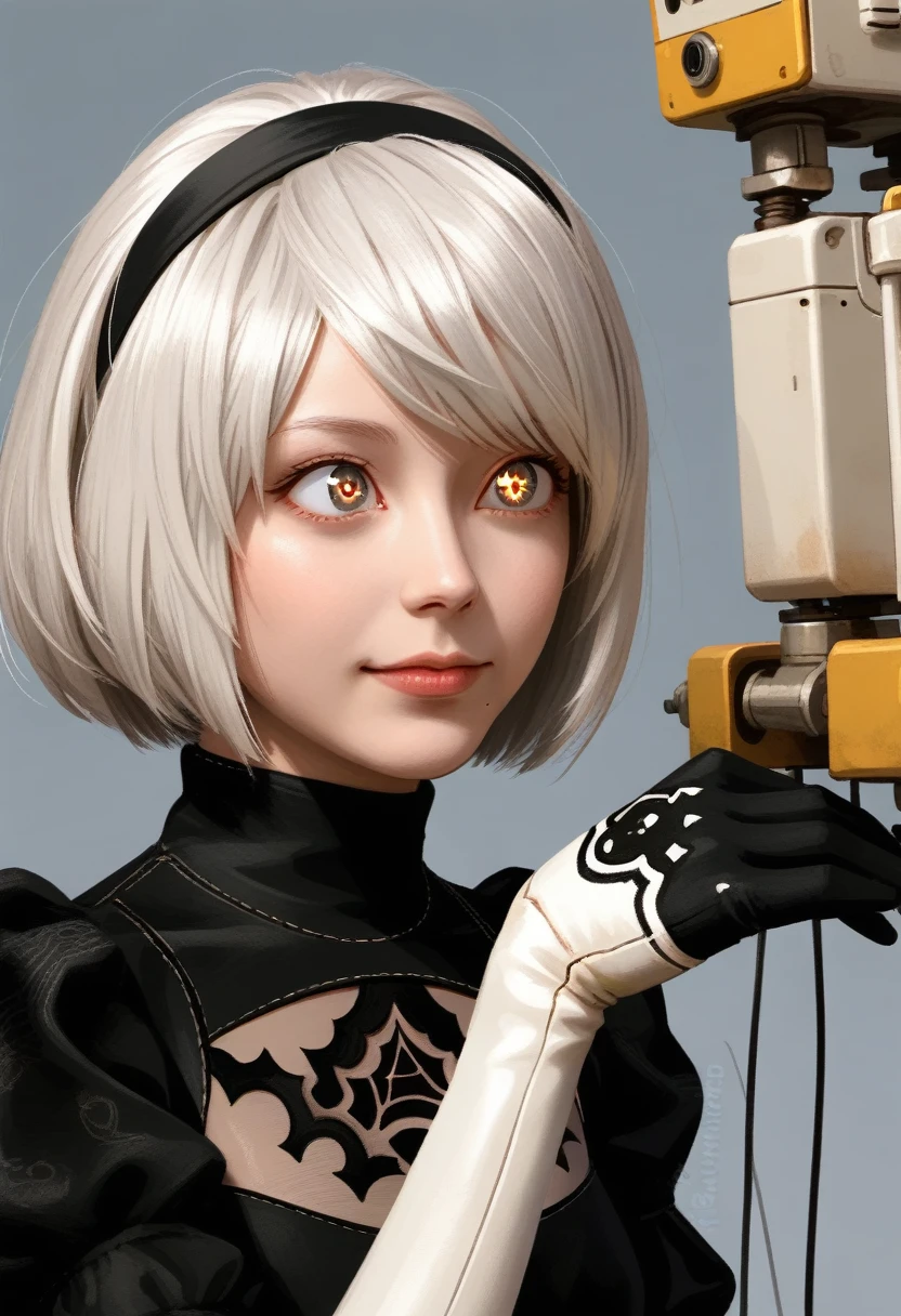 score_9, score_8_up, score_7_up, score_6_up, score_5_up, score_4_up
BREAK {(ultra realistic photo graphic style:1.4)}
BREAK {erotic face,looking away,enchanting smile}, BREAK {solo, (2B of Nier Automa:1.4)), (slender body,small breasts),(lightbrown_lightwhite colored hair:1.4, short cut hair), (medium mouth:1.2),(narrow and sharp eyes:1.4,blue-glay eyes,sparkling eyes:1.1),(black hairband:1.4)