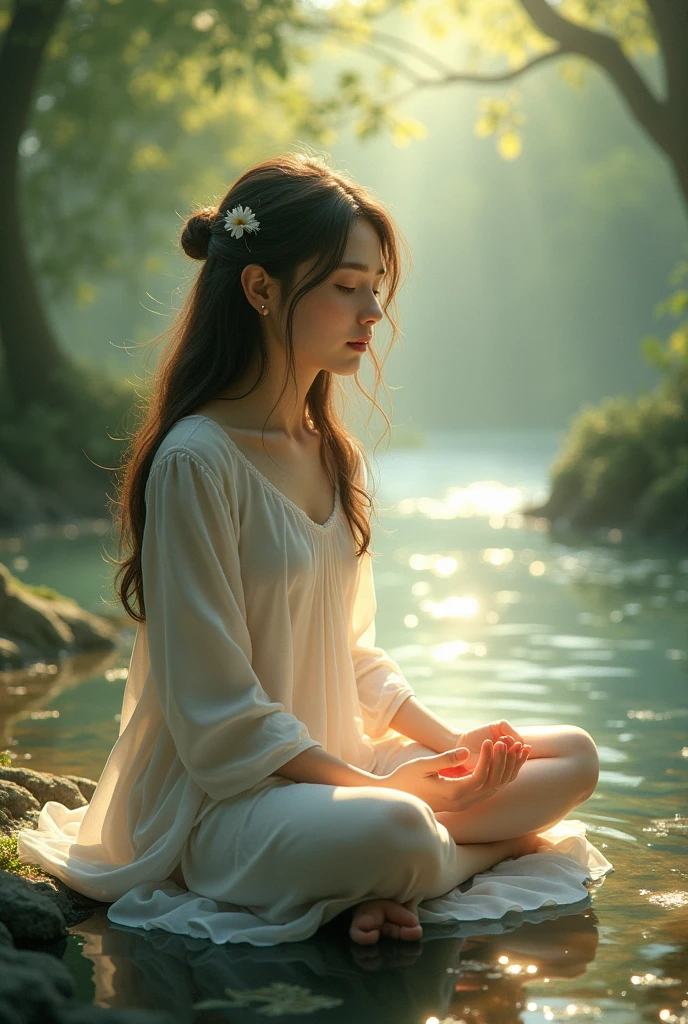 A girl is sitting in a meditation position with eyes closed a slight smile on her face 