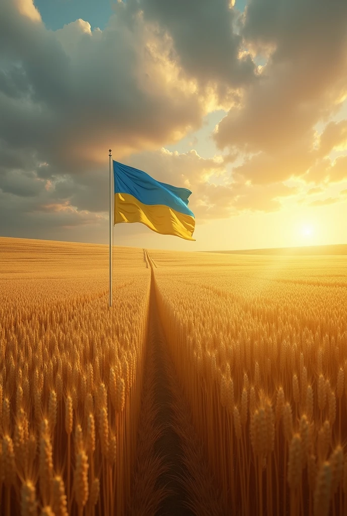a stunning, ultra-realistic photograph, 4k, 8k, highres, masterpiece:1.2, ultra-detailed, realistic,photorealistic,photo-realistic:1.37, fields of golden wheat, Ukrainian flag, Ukrainian coat of arms, dramatic lighting, dramatic sky, cinematic composition, award-winning photography, vivid colors, HDR, physically-based rendering, professional, landscape, cinematic