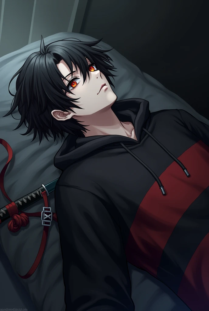 AN unconscious male character injured dying with red eyes black hair thrown to one side black sweatshirt with red details and a katana