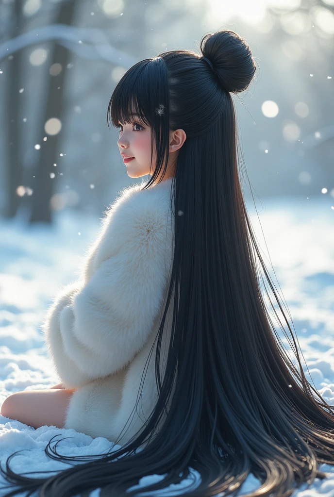 Cute Japanese girl,((full body shot from hair to feet)), ((naked)),(NSFW),with a very large hair bun, the size of the bun is 7 times the size of her head, , shiny black hair, about 8 meters long hair, length knee hair,very shiny hair, loose hair filling the entire ground, the ground is full of her long hair ,, laughing,(looking back over shoulder) ,, ((straight hair)),wear white mink fur coat, Thickness 100 cm, fluffy, Thick white mink fur collar, winter background , , bright sunlight from side,