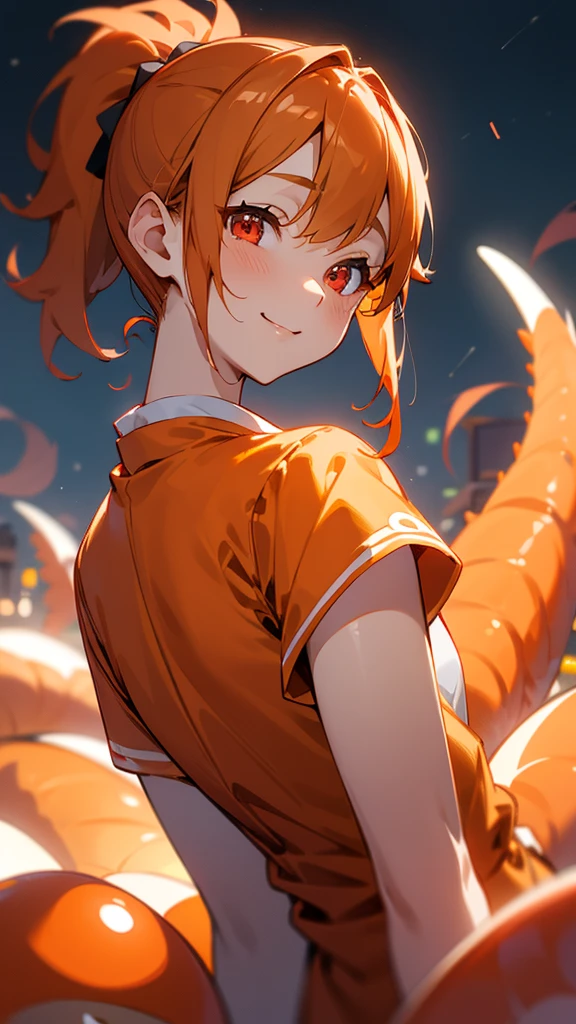 One Young Woman、alone、Orange blouse shirt、Orange Hair、Side Ponytail、Beautiful red eyes、A gentle gaze、smile、Upper body close-up、Shrimp mascot、Delicate contours、Under the moonlight、Background Blur