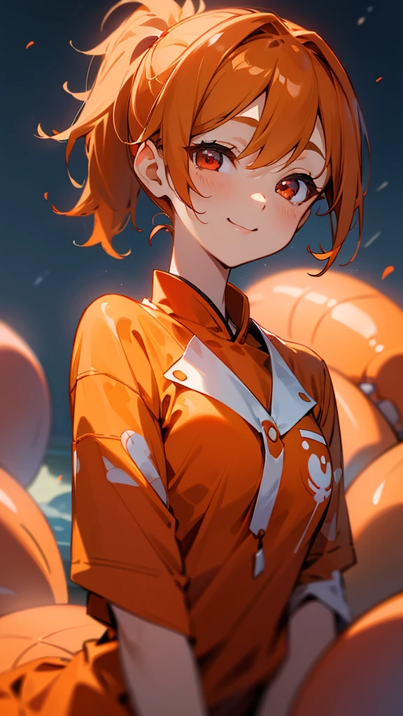 One Young Woman、alone、Orange blouse shirt、Orange Hair、Side Ponytail、Beautiful red eyes、A gentle gaze、smile、Upper body close-up、Shrimp mascot、Delicate contours、Under the moonlight、Background Blur