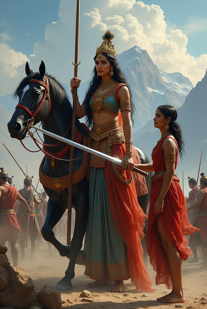 A South Indian queen, who is Hindu, is holding a sword in one hand and a horse in the other, with mountains and battlefields in the background and also the queen's maid. And queen one hand a katana