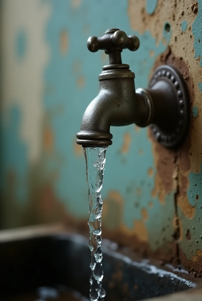 Water tap close-up side shot in frame falling single drops photo quality 4k high detail of small objects in the background dilapidated wall