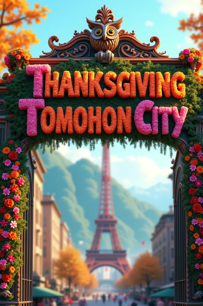 Featuring full HD high resolution images, create a text from colorful flowers with letters written on it "THANKSGIVING TOMOHON CITY" hanging on the city gate and displayed on the beautiful gate carved with an owl symbol, looks like a city atmosphere during the day which is busy and blurry, beautiful city background and green mountains and towers like the Eiffel Tower, realistic
