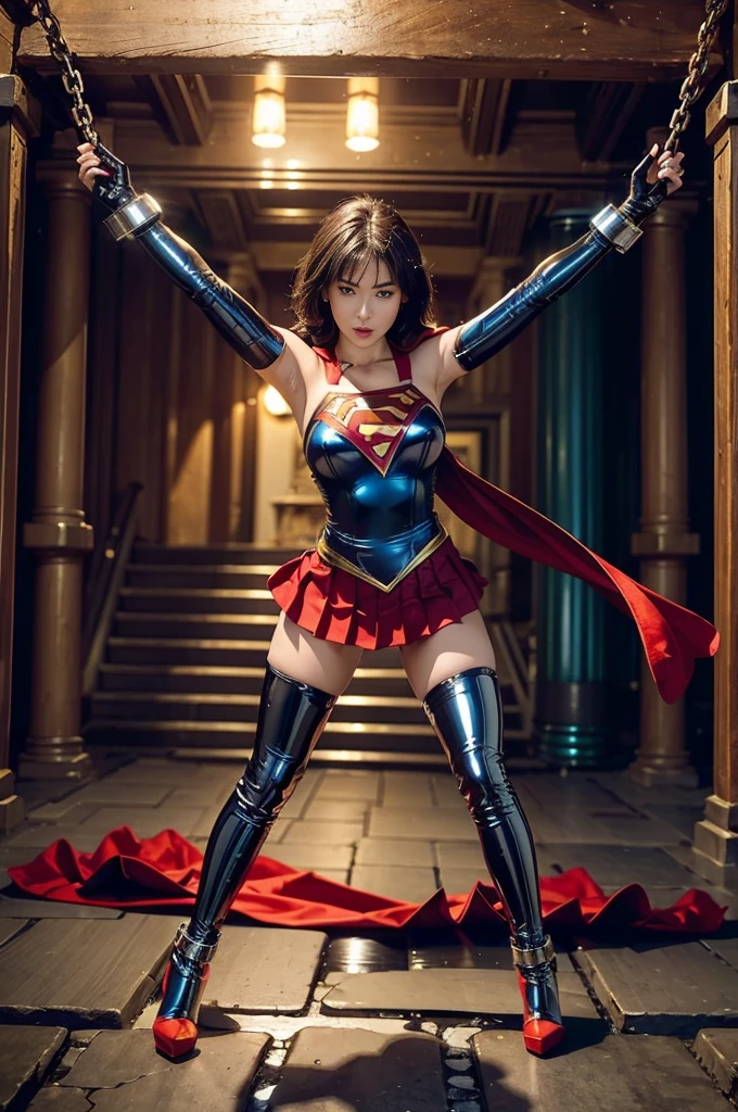 masterpiece,Highest quality, Ultra-high resolution, (Realistic)、RAW Photos,(every time :1.2), (Portraiture), Surreal:1.1, Japanese women, (3), Plump face:1.2, sexy, Highest quality, Very detailed,Very accurate, One Woman, ((Wearing a Supergirl costume, Being towed)), (Iron Shackles, Heavy Thick Chain)), Stretch your arms and legs out in an X shape, ((The shackles on his legs are connected with iron bars)), ((An elaborate Supergirl suit)), ((Halter neck, Red mini pleated skirt, Long gloves, Latex Thigh Boots, Stiletto heels)), (((Shiny latex))), Black-haired:1.3, Short Bob Hair:1.2, Big eyes:1.4, Solid eye makeup:1.5, Big ample breasts:1.1, (A sophisticated eye:1.5), Looking at the audience:1.2, Greek temple at night, moonlight ,