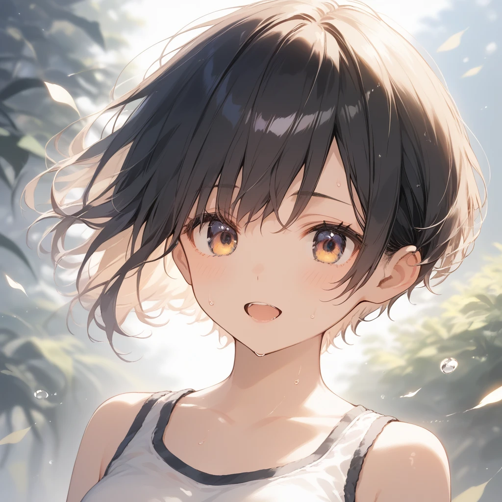 score_9, score_8_up, score_7_up, source_anime, best quality, masterpiece, official art, absurdres, highres, ultra-detailed,waifu2x,Collection: Slice of Life,break,1girl, short hair, pixie cut, flipped hair, breasts, beautiful (well-shaped) breasts,beautiful detailed eyes, sweat, gym shorts, (wavy mouth:0.3), open mouth, outdoors, (Detailed Lighting), (Detailed background),break,(clear line illustration:1.2), super detailed skin,very high resolution, very aesthetic, Best sexual lighting powered by famous artist, 8k, 16k, cute picture,beauty illustration,photoshop_(medium),,(Detailed Lighting),best anime 8k konachan wallpaper, pixiv contest winner,