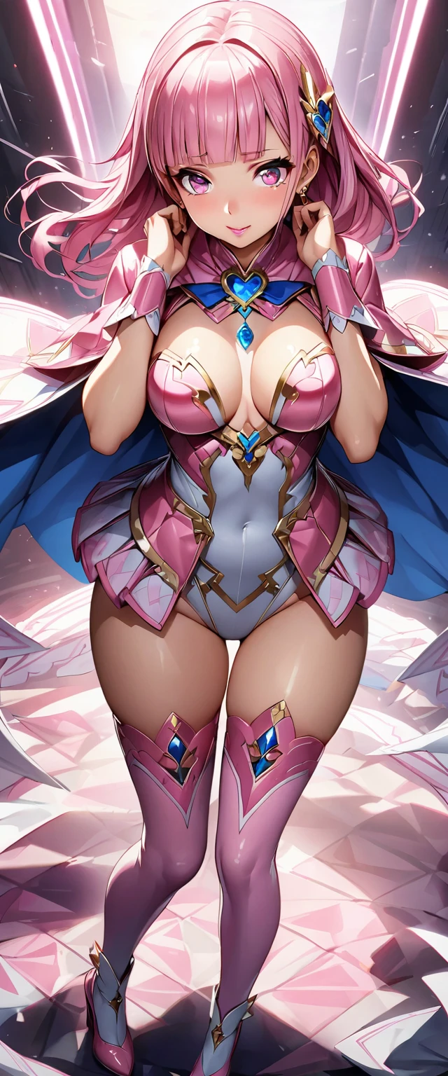 (Perfect Anatomy)、Mastepiece、Ultra High Quality、 8k、masterpiece、Highest quality、Ultra-high resolution、Maximum resolution、Very detailed、Professional Lighting、anime、woman、thin、so beautiful、Highly detailed eye、Highly detailed face、Golden earrings、Pink Hair,、Pink eyes、Detailed costume patterns、Mid-chest、Blue jewel on chest, makeup, eyeliner, eye shadow, pink cheek, pink lips, upper arm pink armor, white leotard, pink pattern, full body, magical girl, Angel Girl, pink thigh high stockings, white super long boots, pink gauntlet, high heels, blunt bangs, Hime cut, bridal hair accessory, paladin robe、Hands on cheeks, Amazed