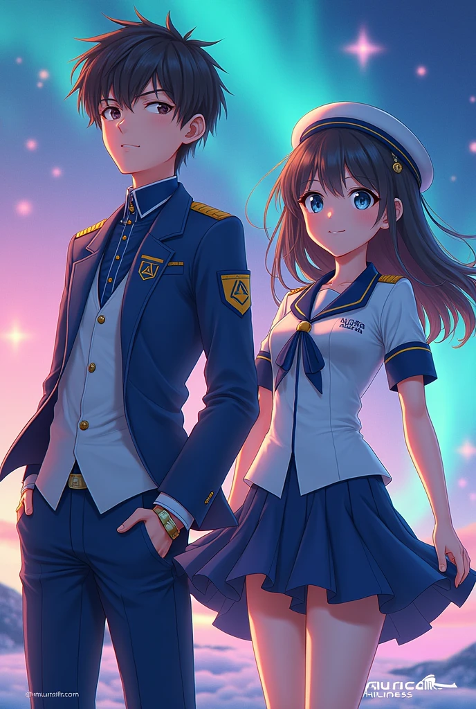 aurora airlines uniform with aurora color anime boy and girl