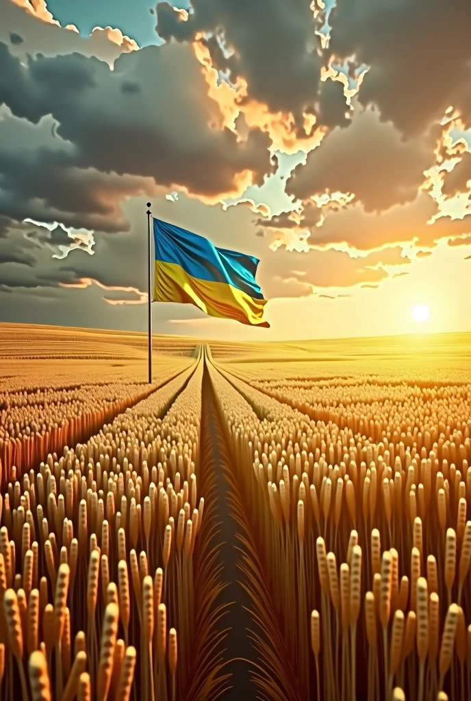 a stunning, ultra-realistic photograph, 4k, 8k, highres, masterpiece:1.2, ultra-detailed, realistic,photorealistic,photo-realistic:1.37, fields of golden wheat, Ukrainian flag, Ukrainian coat of arms, dramatic lighting, dramatic sky, cinematic composition, award-winning photography, vivid colors, HDR, physically-based rendering, professional, landscape, cinematic