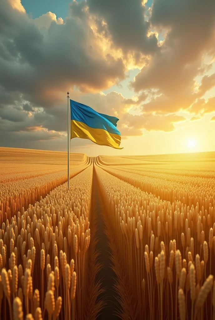 a stunning, ultra-realistic photograph, 4k, 8k, highres, masterpiece:1.2, ultra-detailed, realistic,photorealistic,photo-realistic:1.37, fields of golden wheat, Ukrainian flag, Ukrainian coat of arms, dramatic lighting, dramatic sky, cinematic composition, award-winning photography, vivid colors, HDR, physically-based rendering, professional, landscape, cinematic