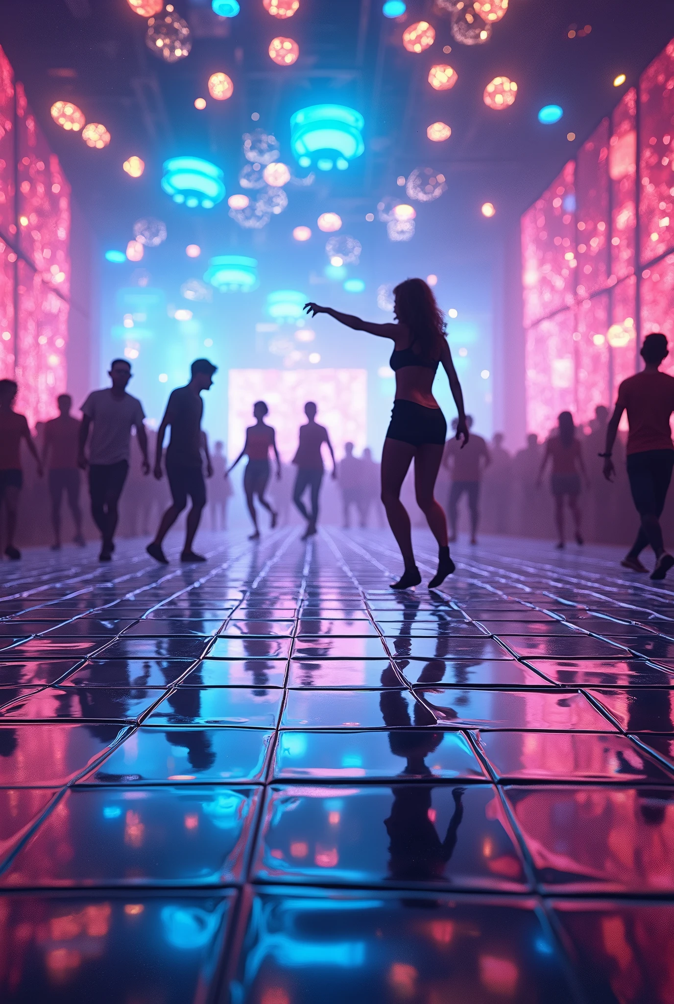 A pulsating dancefloor transformation, from the year 2050 to 3000, unfolds in captivating detail. Gleaming chrome tiles blend seamlessly with holographic swirls of neon colors, creating a mesmerizing sight of futuristic evolution. This image is a digital rendering, showcasing the fusion of technology and art in the dance scene of the future. Every pixel is meticulously crafted, from the fluid movements of virtual dancers to the shimmering reflections of artificial light. The overall effect is a stunning depiction of the evolution of dance culture, where innovation meets creativity in a dynamic visual narrative.