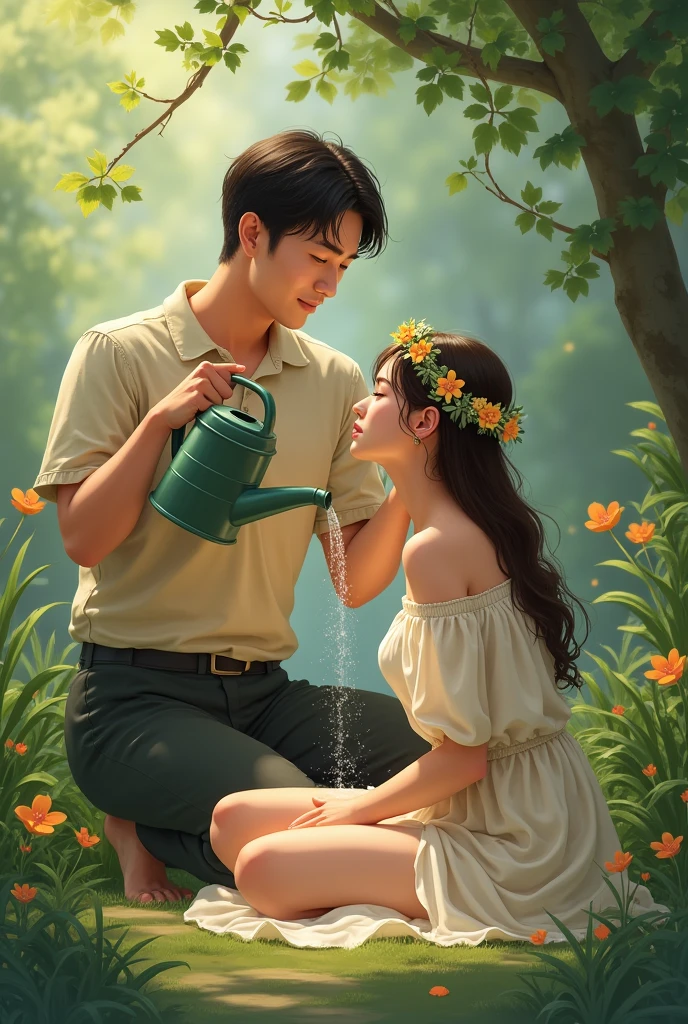 Man holding a watering can pouring water on the head of a beautiful woman sitting down wearing a flower headband 