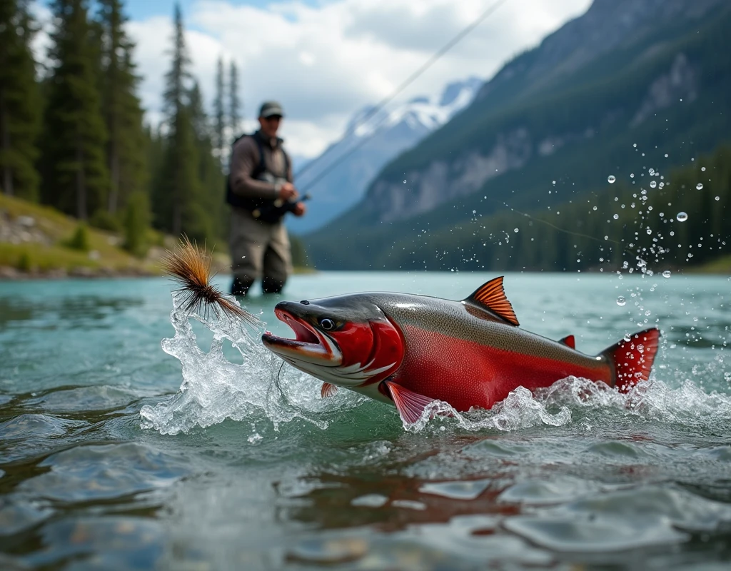 Professional photos, The fly landed on the water, Thrown from a fishing pole, Sockeye salmon biting from underwater, dynamic motion, Clear Canadian mountain streams, (Fly Fishing), A fisherman can be seen in the background looking towards us., Bend the fly rod in your hand, Staring intently at the fish, BREAK The moment the fish bites the fly, and…