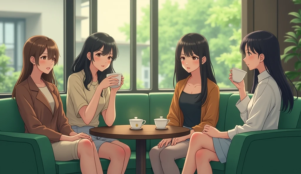 A group of stylishly dressed male Japanese university students are relaxing on green chairs, drinking tea and talking with each other.,Excited, Photo of your face, In a calm room, with a natural look, With a slightly tired look, tilt your face a little, Diagonal orientation, Average face
