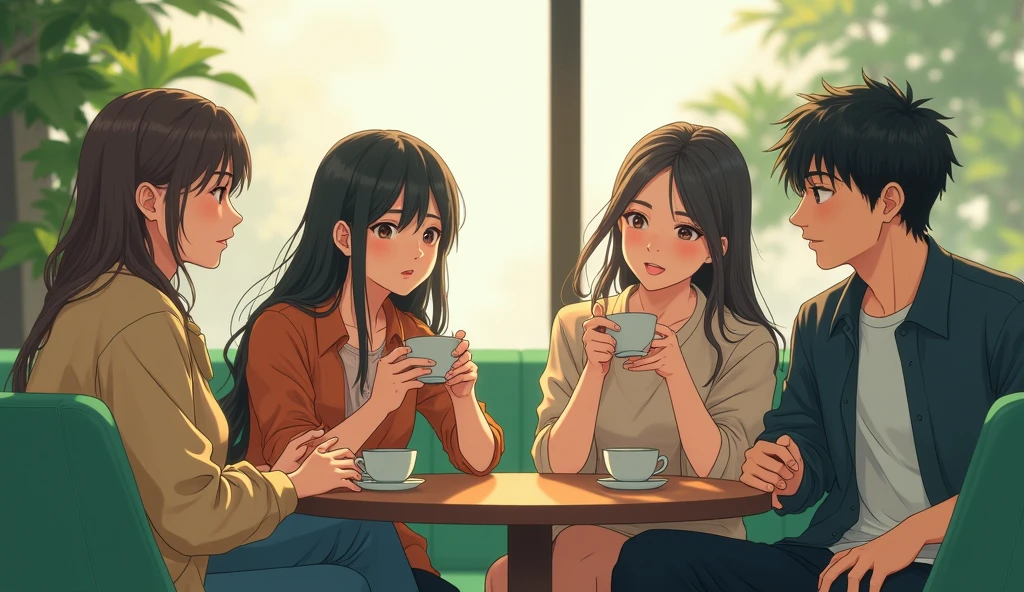 A group of stylishly dressed male Japanese university students are relaxing on green chairs, drinking tea and talking with each other.,Excited, Photo of your face, In a calm room, with a natural look, With a slightly tired look, tilt your face a little, Diagonal orientation, Average face
