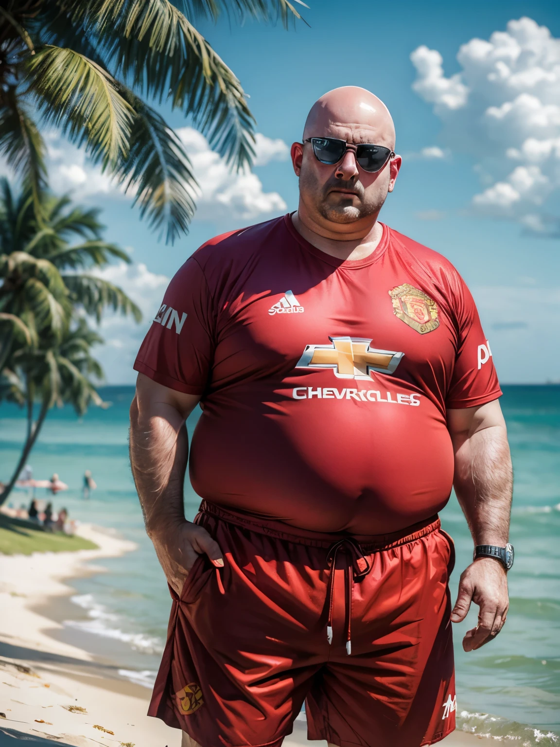 Typical British holiday-maker, esplanade, fat belly, middle-aged, bald and sweating, wraparound sunglasses, scowling at viewer, miserable looking, fat neck, wearing baggy Manchester United football shirt and long baggy shorts, badly sunburnt head