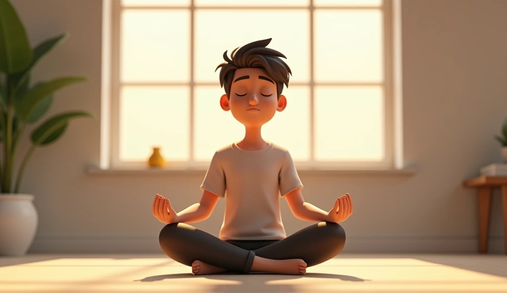 Need 3D animation style,Ramu meditating in a quiet room, visualizing himself achieving success and overcoming failures.**