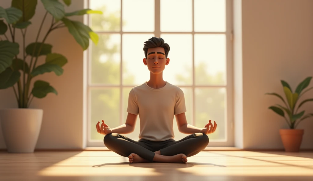 Need 3D animation style,Ramu meditating in a quiet room, visualizing himself achieving success and overcoming failures.**